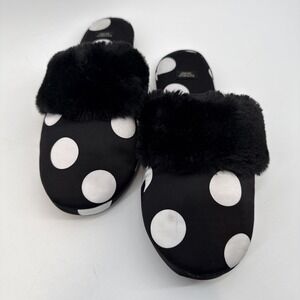 VICTORIAS SECRET SIGNATURE SATIN SLIPPERS Size‎ L Black/ White Polka Dot